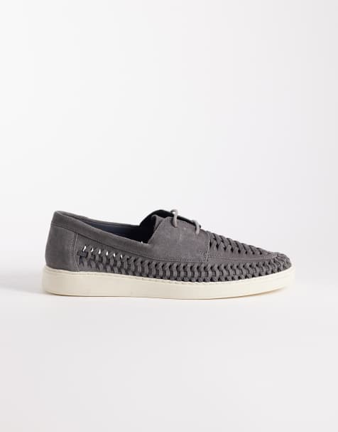 ASOS DESIGN boat shoes in grey leather with weave detail - view 1