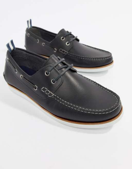 asos design boat shoes in navy leather with white sole asos