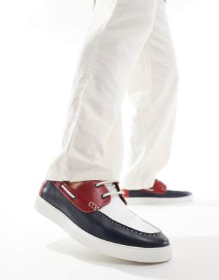 Asos Design Boat Shoes In Navy Suede With Red And White Details-multi