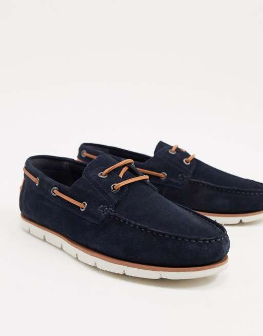 ASOS DESIGN boat shoes in navy suede with white sole