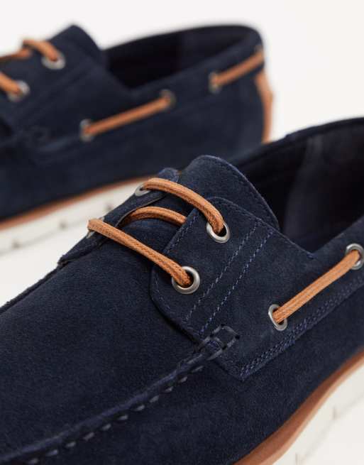 ASOS DESIGN boat shoes in navy suede with white sole