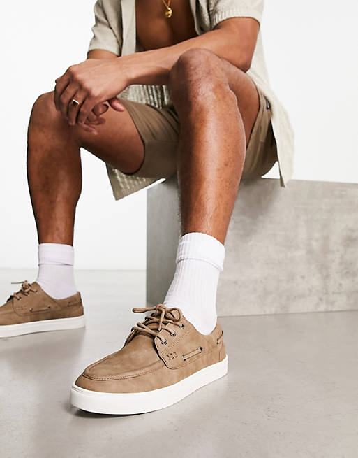 Natura smal onderwijzen ASOS DESIGN boat shoes in stone faux leather with white sole | ASOS