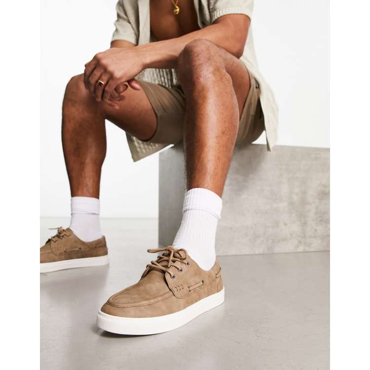 ASOS DESIGN boat shoes in stone faux leather with white sole