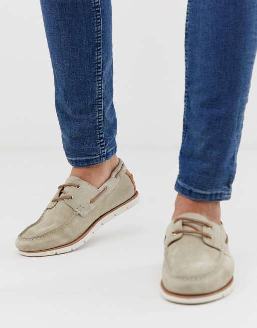 asos design boat shoes in stone suede with white sole asos