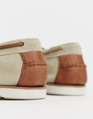 ASOS DESIGN boat shoes in stone suede with white sole | ASOS