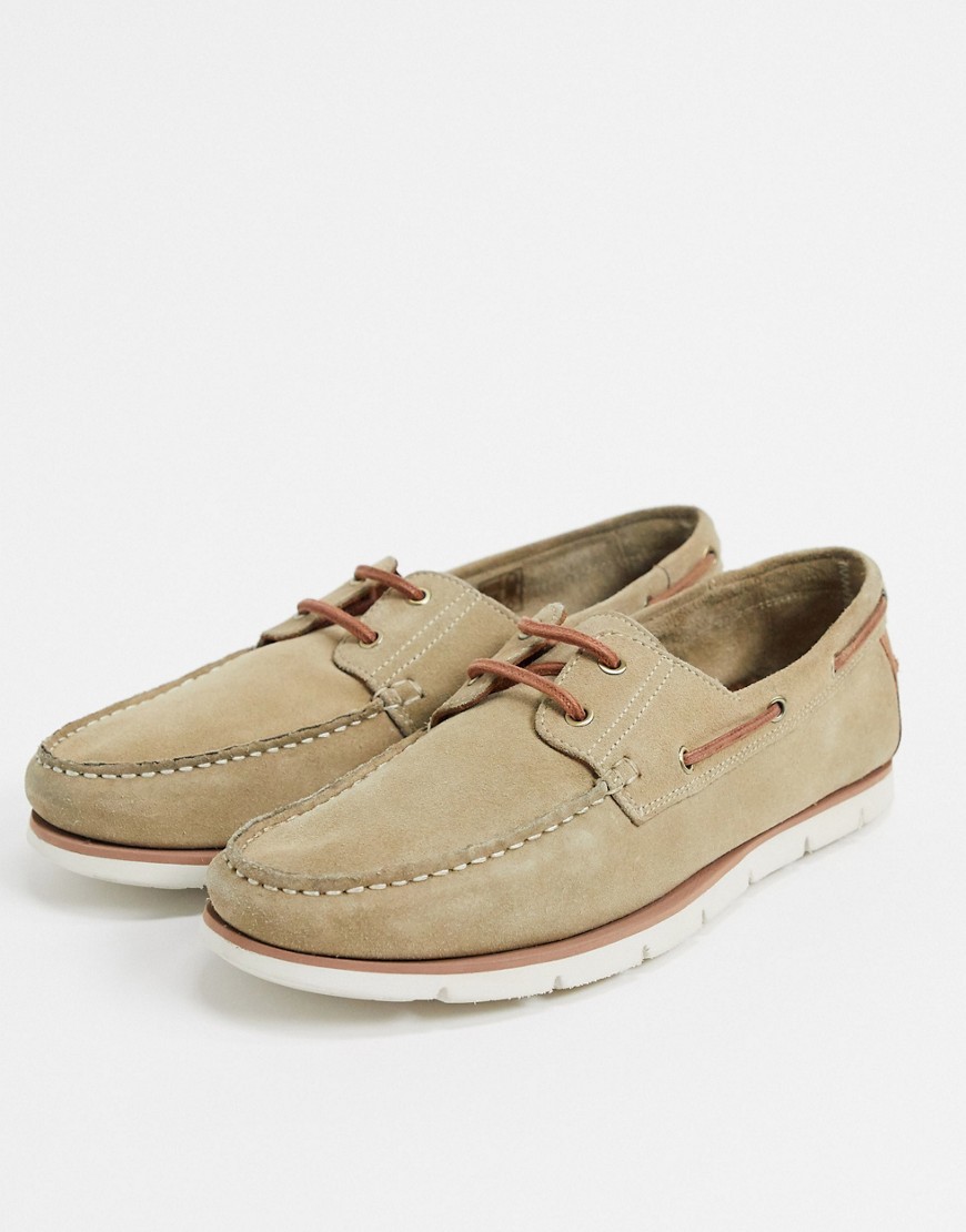 ASOS DESIGN boat shoes in stone suede with white sole-Neutral