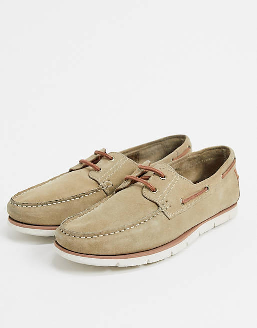 ASOS DESIGN boat shoes in stone suede with white sole