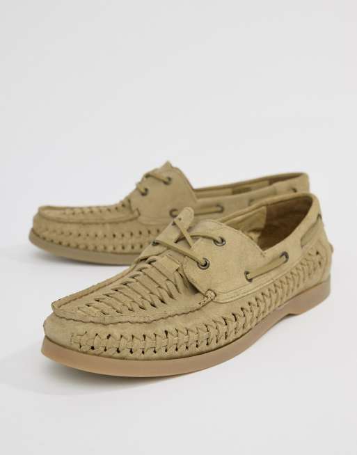 ASOS DESIGN Boat Shoes In Stone Suede With Woven Detail ASOS