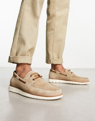 Asos Design Boat Shoes In Stone Suede-neutral