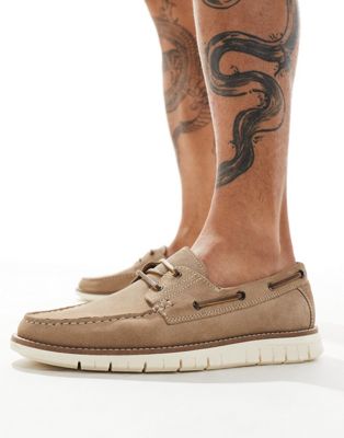 Shop Asos Design Lace Up Boat Shoes In Stone Suede-neutral