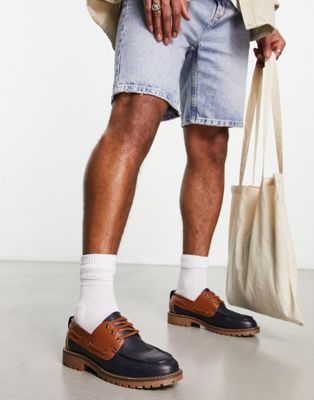 ASOS DESIGN boat shoes in tan and navy contrast faux leather - ASOS Price Checker