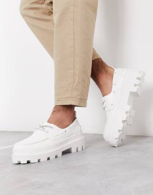 Asos Design Boat Shoes In White Faux Leather With Chunky Sole