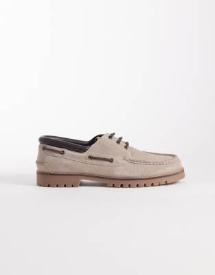 ASOS DESIGN boat shoes with cleated sole in stone suede-Neutral