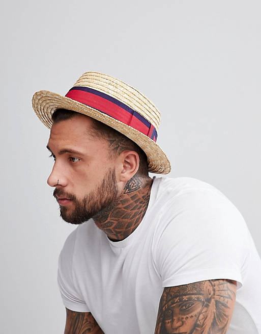 ASOS DESIGN boater hat in beige straw with band detail