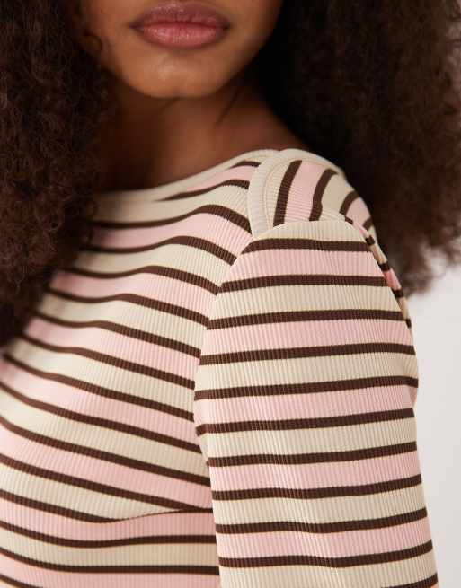 ASOS DESIGN boatneck angel sleeve top with binding detail in chocolate and light pink stripe, 3 of 4