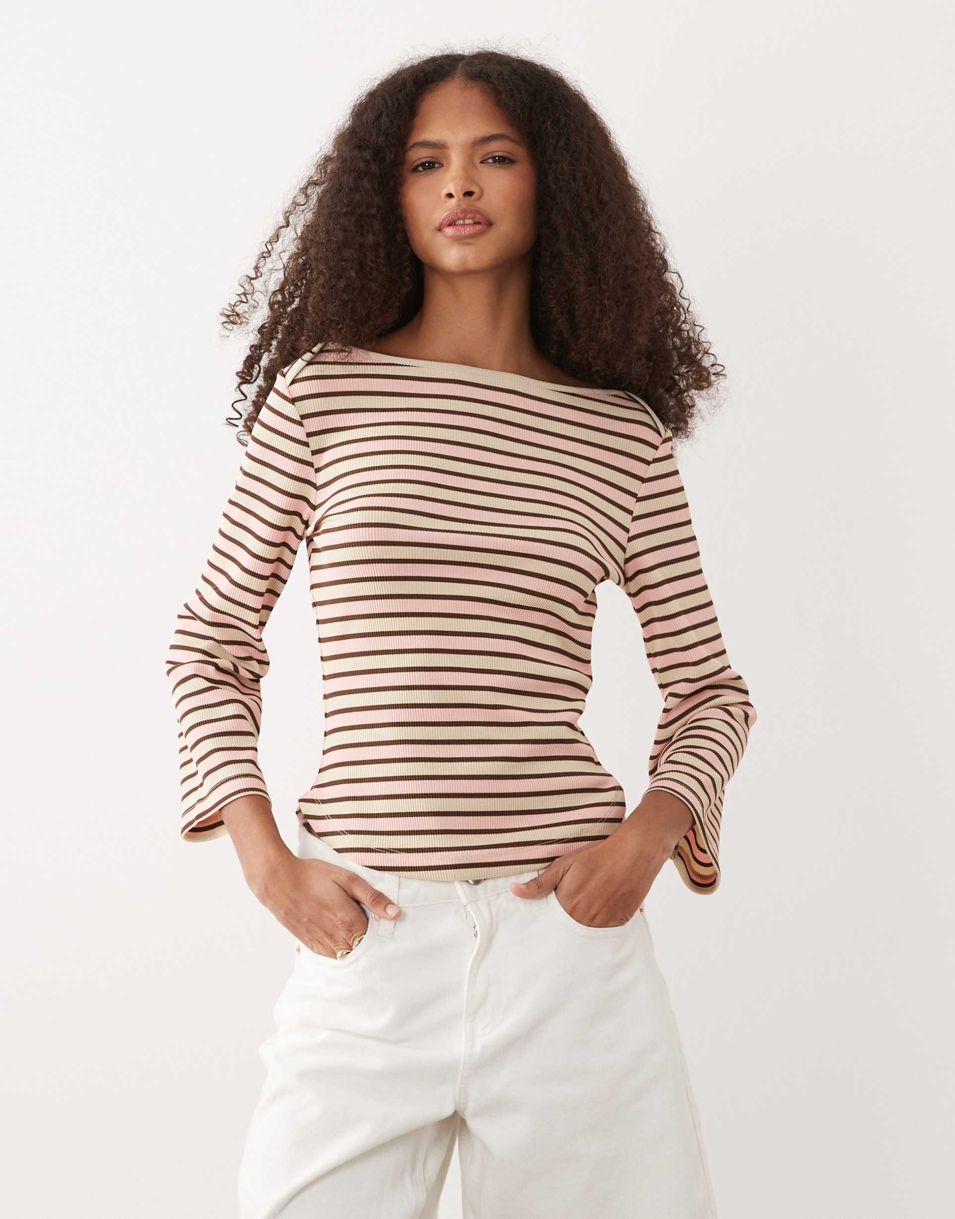 asos design boatneck angel sleeve top with binding detail in chocolate and light pink stripes