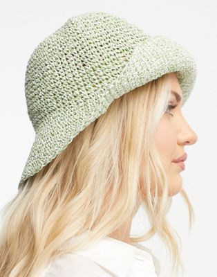 ASOS DESIGN straw crochet bucket hat in mixed sage    - ASOS Price Checker