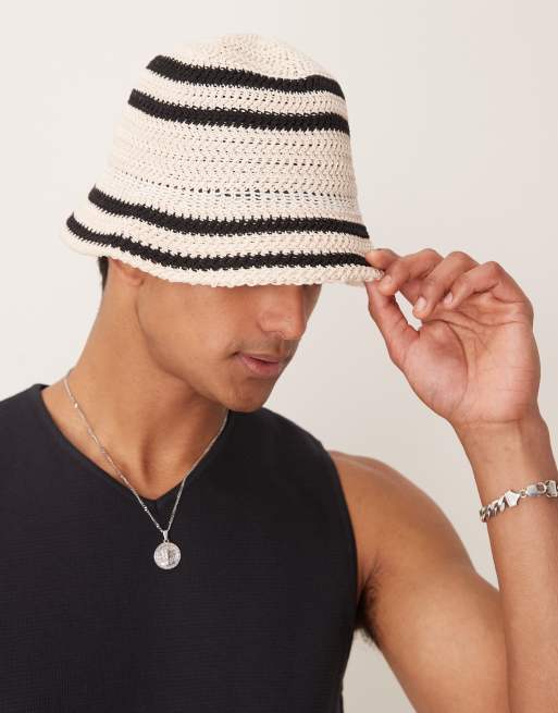 ASOS DESIGN knit bucket hat with stripe in ecru
