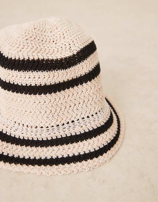 ASOS DESIGN knit bucket hat with stripe in ecru