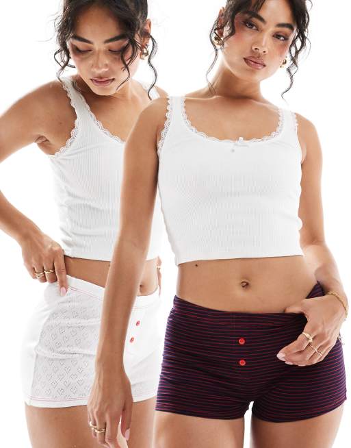 ASOS DESIGN Bobbie 2 pack boxers in navy stripe and white heart pointelle