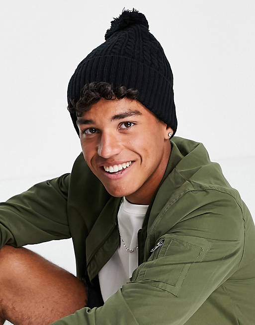 ASOS DESIGN bobble beanie in black cable knit