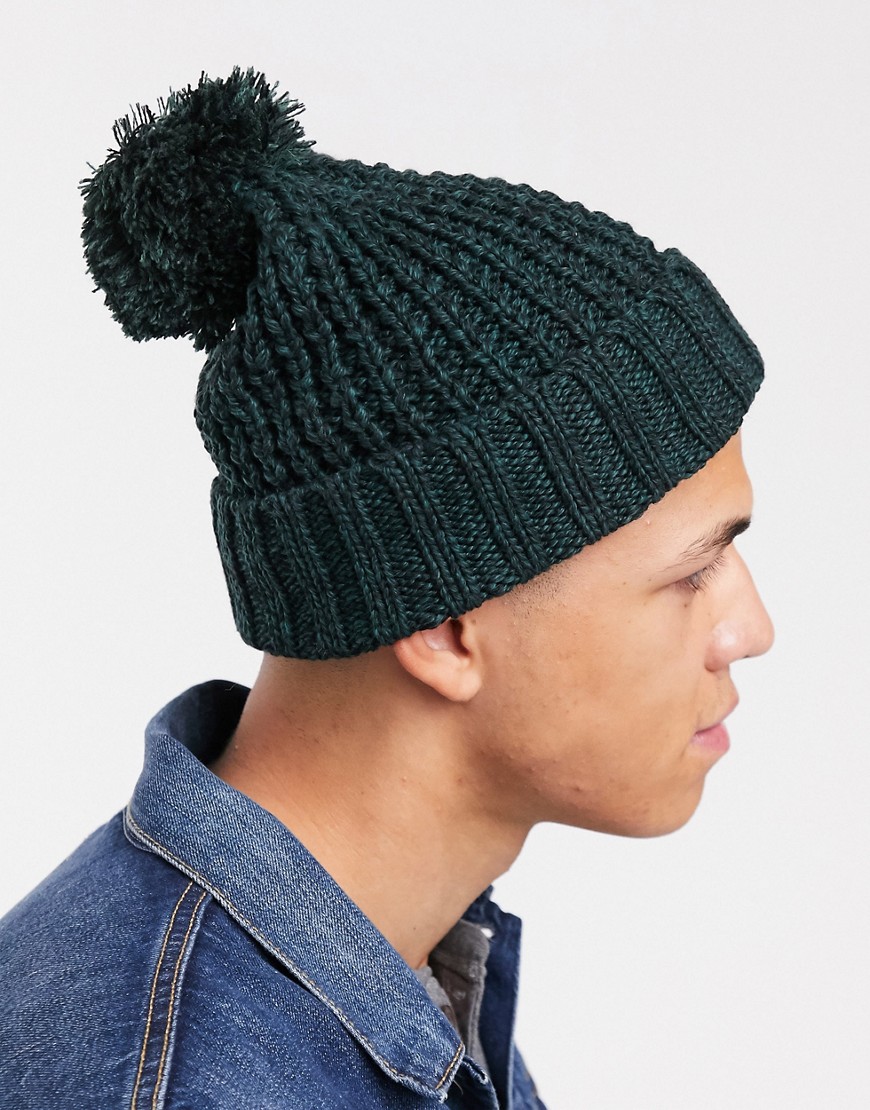 Asos Design Bobble Beanie In Chunky Knit In Bottle Green And Black Twist