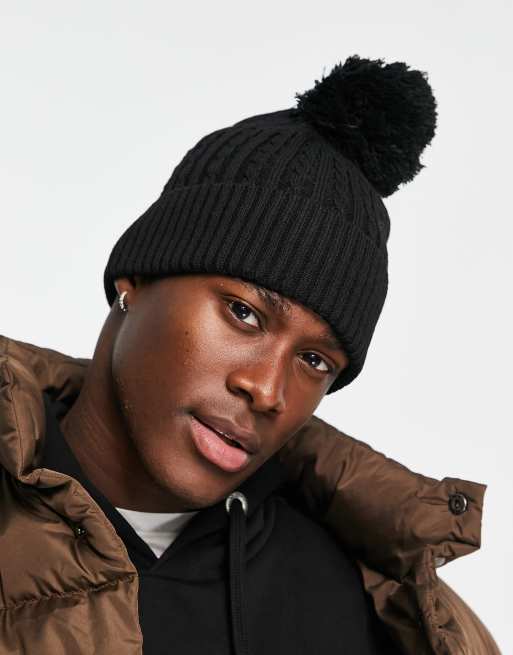 historisk horisont buste ASOS DESIGN bobble beanie with cable knit design in black | ASOS