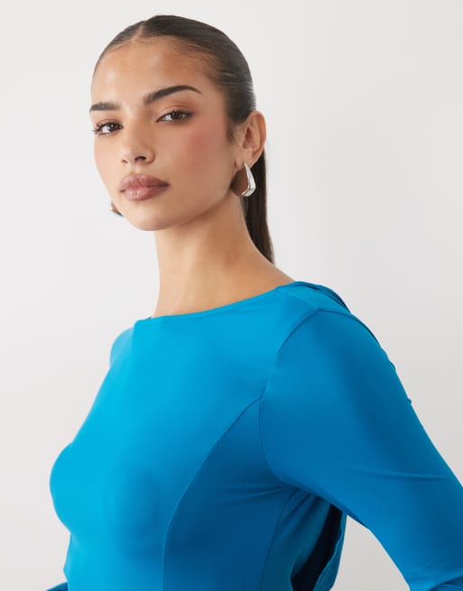 ASOS DESIGN body à empiècement en dentelle drapé à manches longues en bleu sarcelle, 2 de 4
