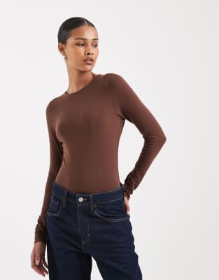 Body à manches longues en coton - Marron-Noir S