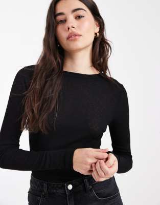 ASOS DESIGN - Body à manches longues en tulle texturé semi-transparent - Noir