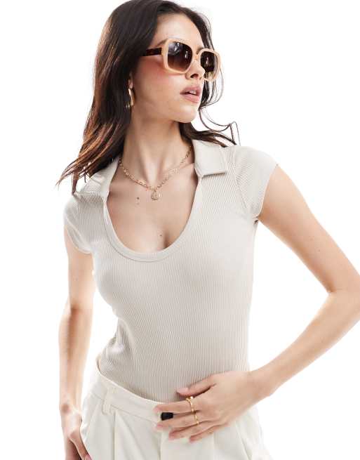 ASOS DESIGN - Body a maniche corte color pietra con scollo a V e colletto