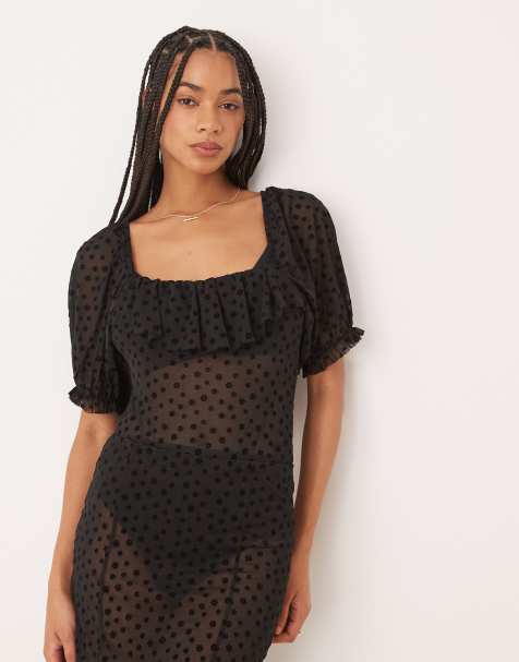 ASOS DESIGN - Body a maniche corte in rete nero floccato a fiori con volant - view 1