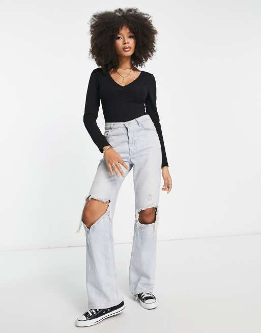 ASOS DESIGN - Body a maniche lunghe con scollo a V e finiture in pizzo nero, 4 di 4