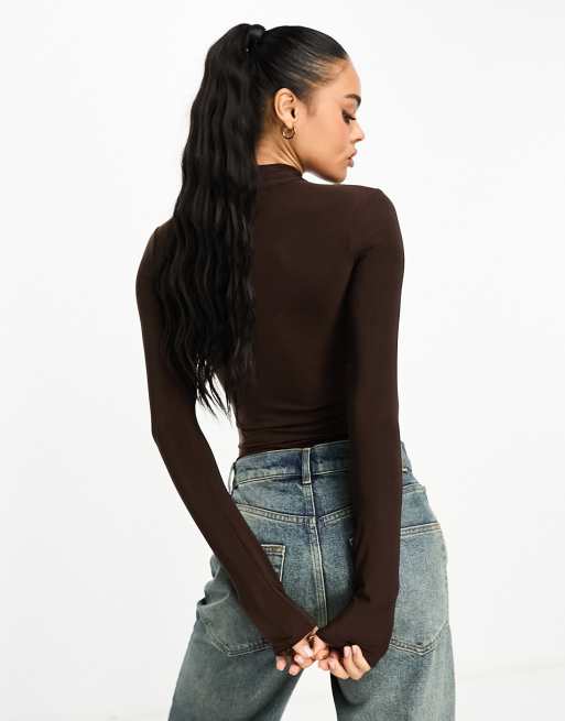 ASOS DESIGN - Body accollato a maniche lunghe sinuoso marrone a doppio strato , 3 di 4
