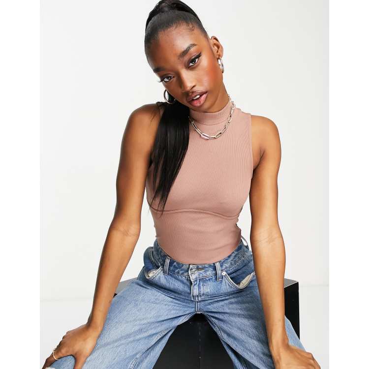 ASOS DESIGN Body accollato color carne con cuciture sul busto ASOS