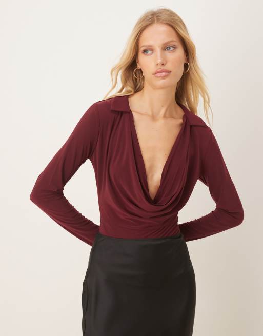 ASOS DESIGN - Body aderente con scollo ad anello profondo color mora