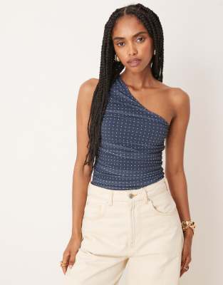ASOS DESIGN - Body aus Netzstoff in Blau mit Punktemuster und gerafftem One-Shoulder-Träger-Bunt
