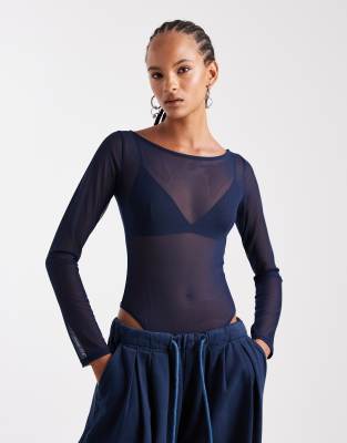 ASOS DESIGN - Body aus Netzstoff in Marineblau mit sehr tiefem U-Ausschnitt