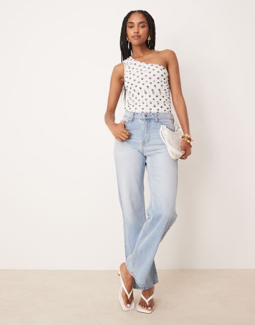 ASOS DESIGN – Body aus Netzstoff in Schwarz und Weiß mit Punktemuster und gerafftem One-Shoulder-Träger