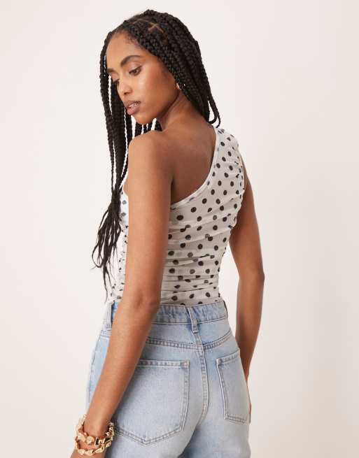 ASOS DESIGN – Body aus Netzstoff in Schwarz und Weiß mit Punktemuster und gerafftem One-Shoulder-Träger