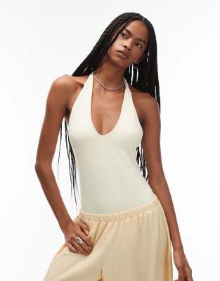 ASOS DESIGN - Body aus Polyamid in Gelb mit tiefem Neckholder-Ausschnitt, Kombiteil