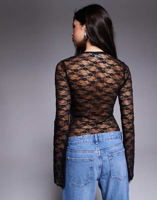 ASOS DESIGN – Body aus transparenter Spitze in Schwarz mit tiefem Ausschnitt und Brusteinsatz, 4 von 4