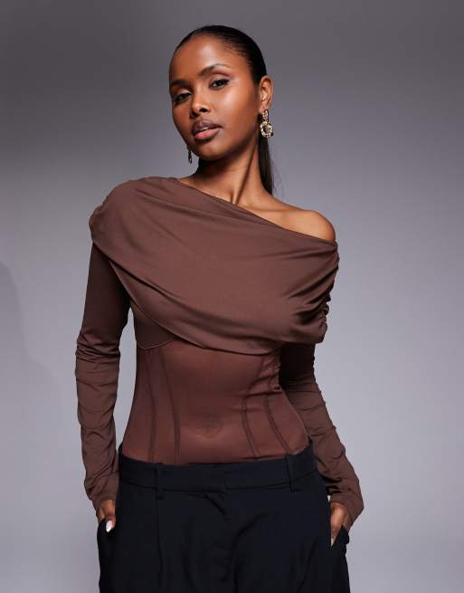 ASOS DESIGN - Body avvolgente a corsetto color cioccolato