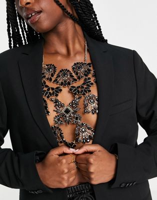 ASOS DESIGN body chain with black crystal design in gold tone