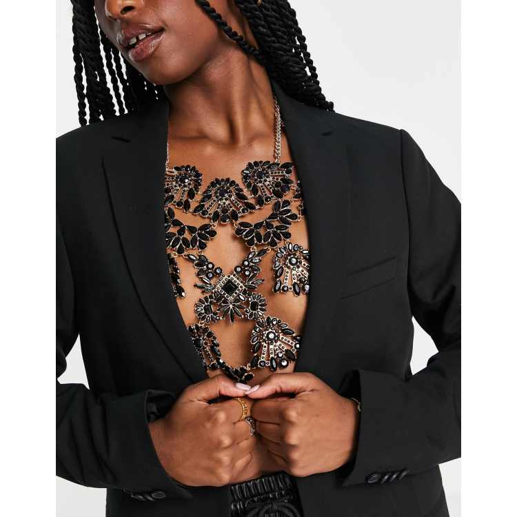 ASOS DESIGN body chain with black crystal design in gold tone