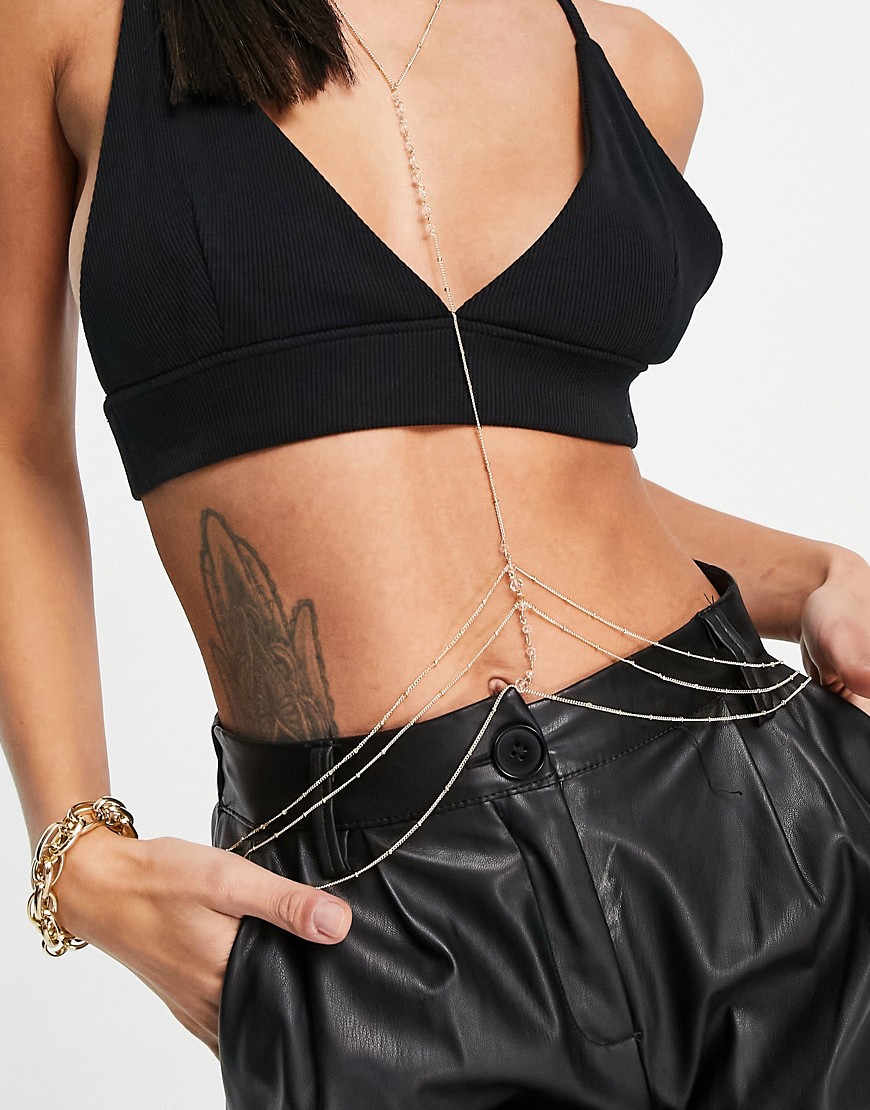 ASOS DESIGN body chain with clear crystals-Gold