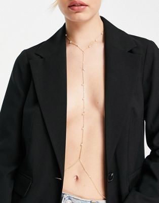 ASOS DESIGN body chain with pearls in gold tone