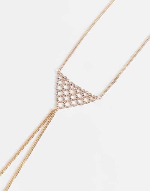 ASOS DESIGN body chain with triangle crystal breast plate in gold tone