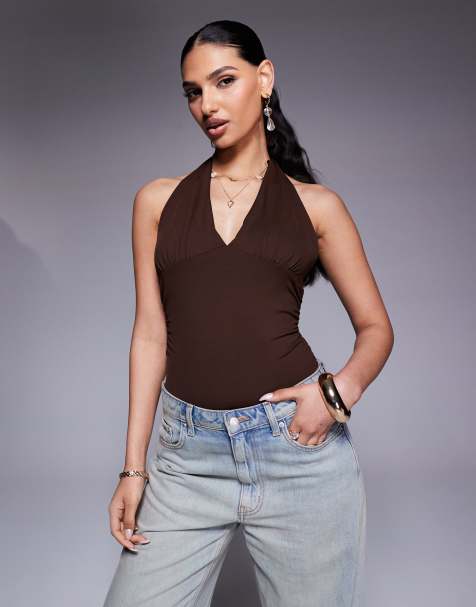 ASOS DESIGN - Body cioccolato in poliammide allacciato al collo con scollo profondo - view 1