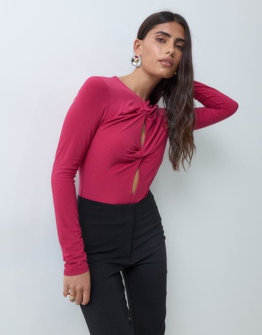ASOS DESIGN body con davanti intrecciato e maniche lunghe rosa, 4 di 5
